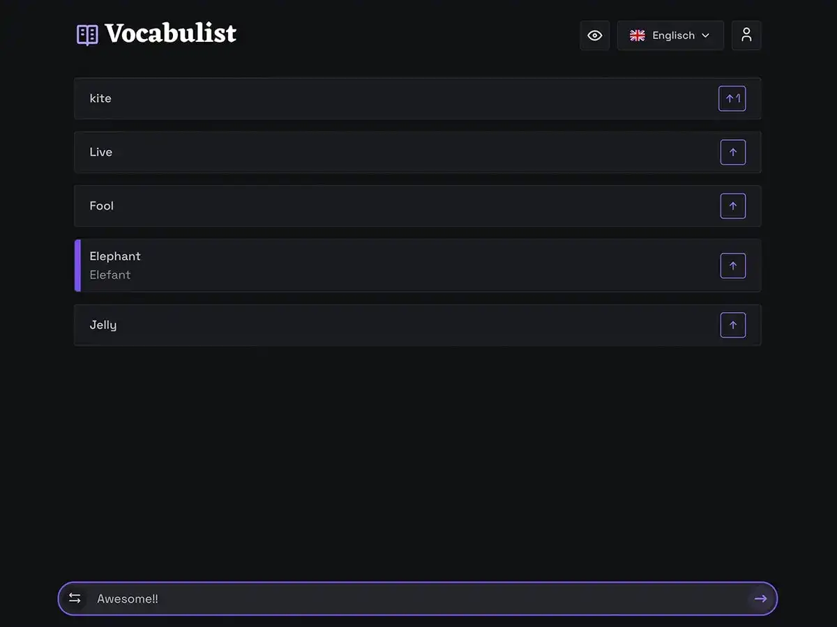 Vocabulist Web App mit Übersetzungsfunktion und Vokabelliste